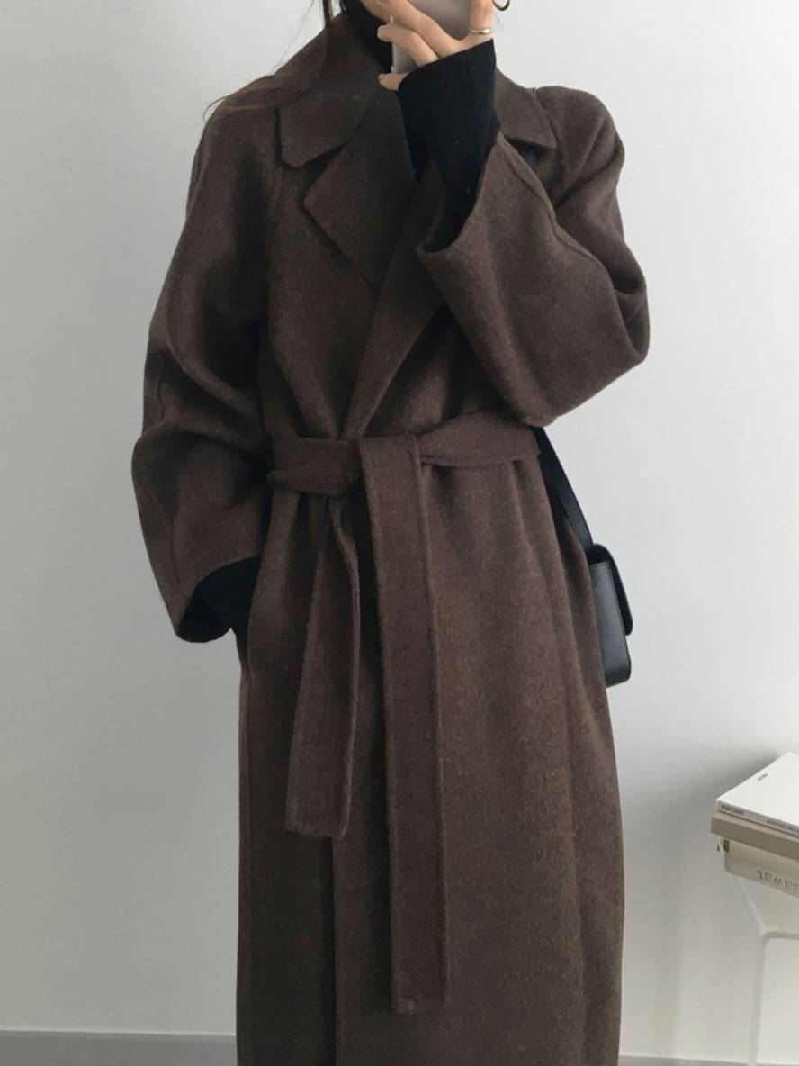 Aurohaya Women’s Long Wool Coat with Notched Collar Belt Oversized Elegant Winter Jacket