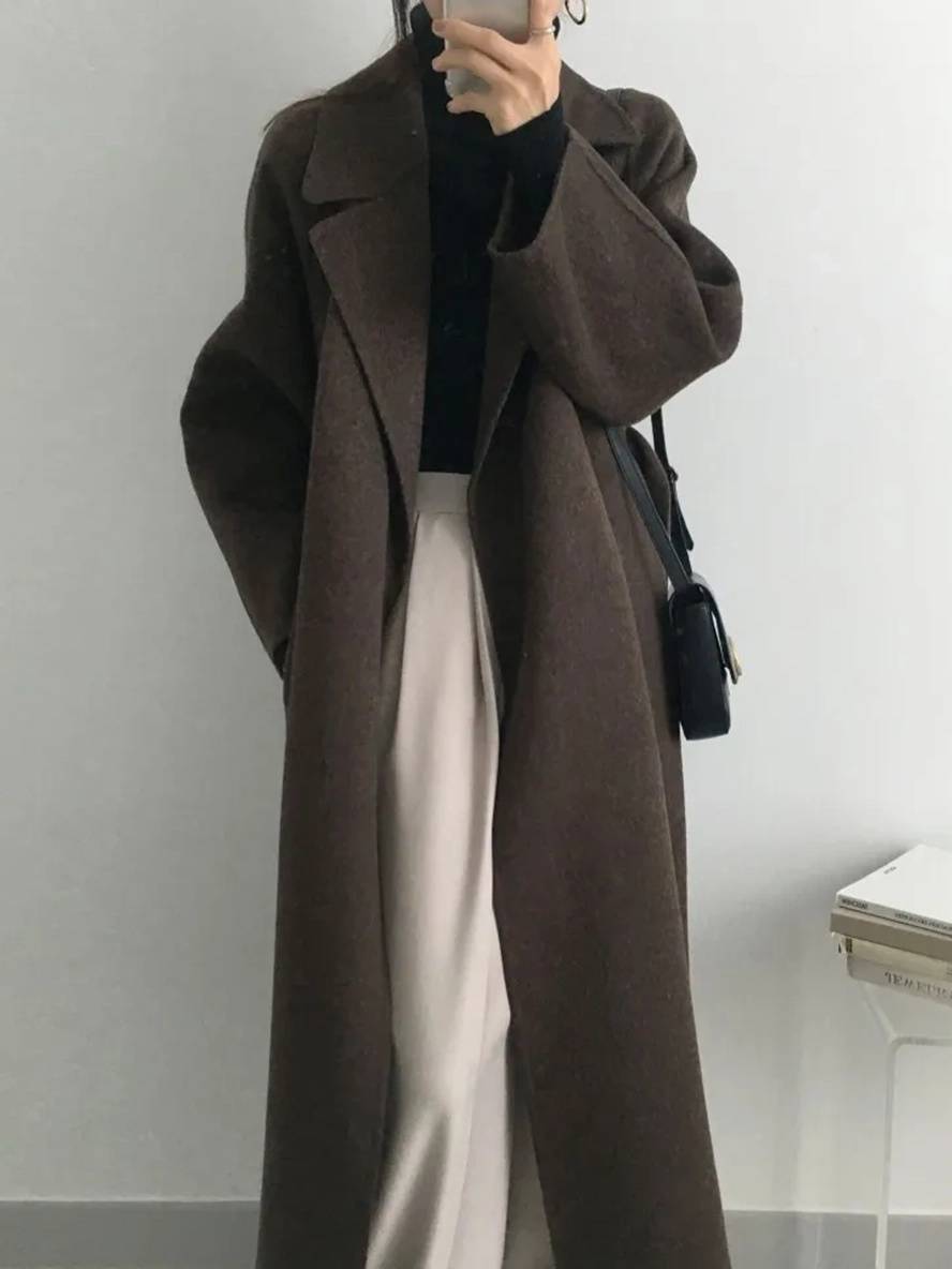 Aurohaya Women’s Long Wool Coat with Notched Collar Belt Oversized Elegant Winter Jacket