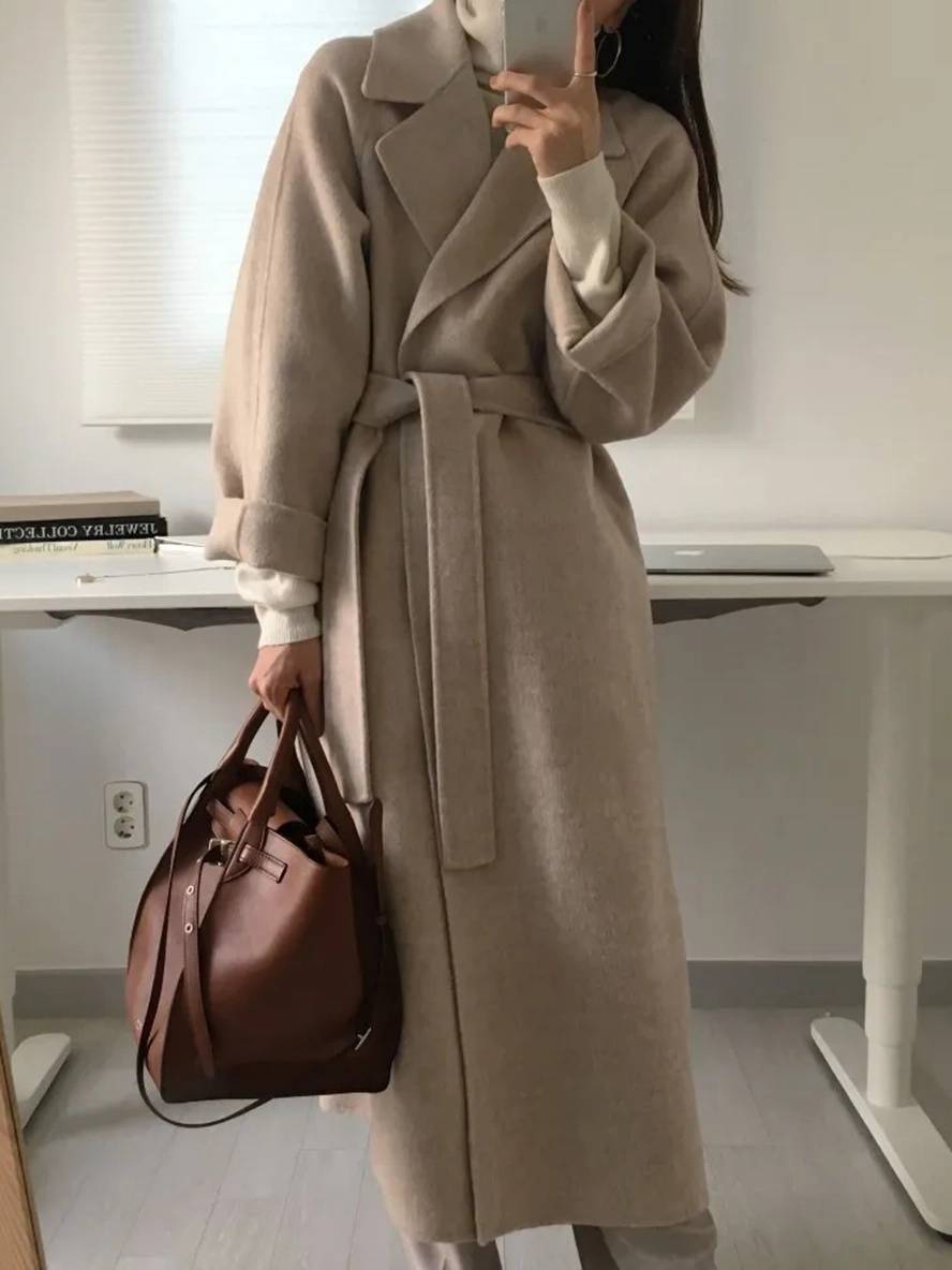 Aurohaya Women’s Long Wool Coat with Notched Collar Belt Oversized Elegant Winter Jacket