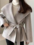 Aurohaya Wool-Look Short Belted Coat Oversized Women’s Casual Blouson with Pockets