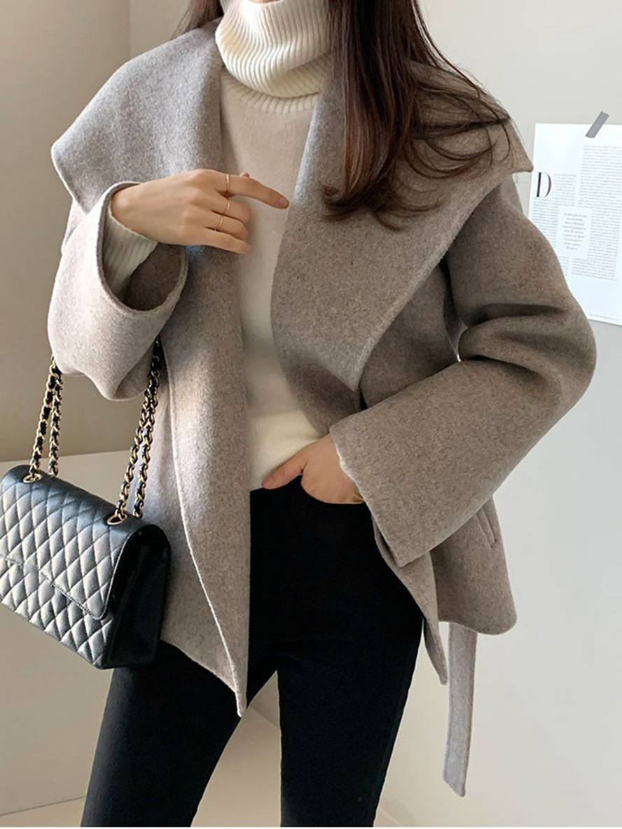 Aurohaya Wool-Look Short Belted Coat Oversized Women’s Casual Blouson with Pockets