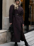 Aurohaya Women’s Long Double Breasted Peacoat with Notched Collar Oversized Elegant Winter Jacket