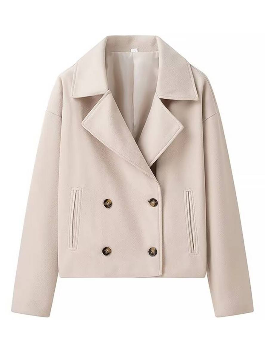 Aurohaya Women’s Short Double Breasted Peacoat with Notched Collar Oversized Elegant Winter Jacket