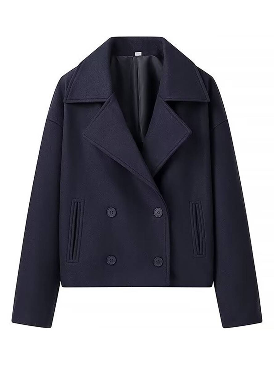 Aurohaya Women’s Short Double Breasted Peacoat with Notched Collar Oversized Elegant Winter Jacket