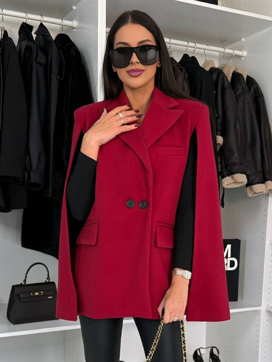 Aurohaya Women’s Unicolor Poncho Coat with Buttons Pockets Oversized Elegant Winter Jacket