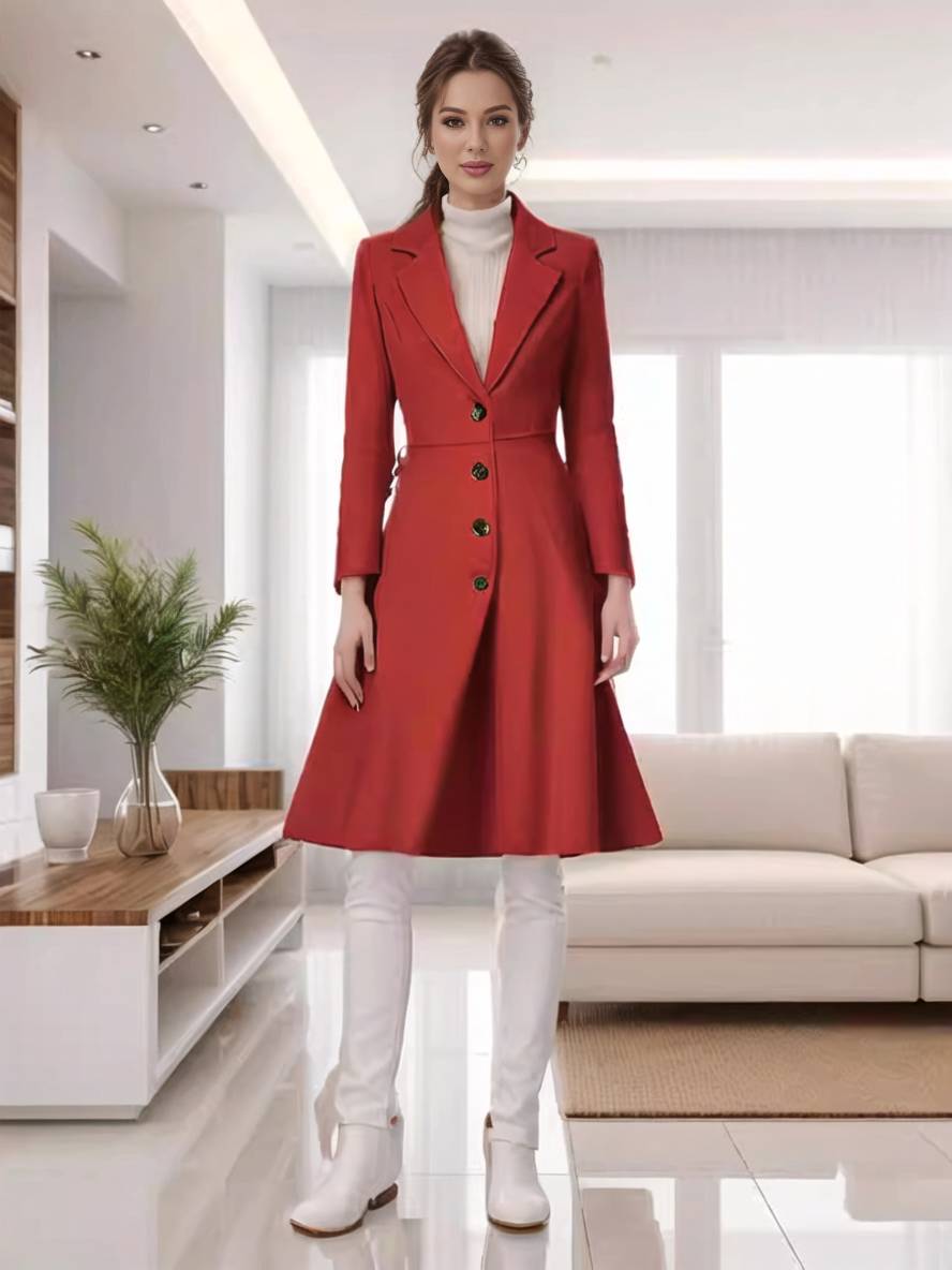 Aurohaya Elegant Wool Trapeze Coat with Button Front Lapel Collar for Women Casual Stylish Winter Jacket