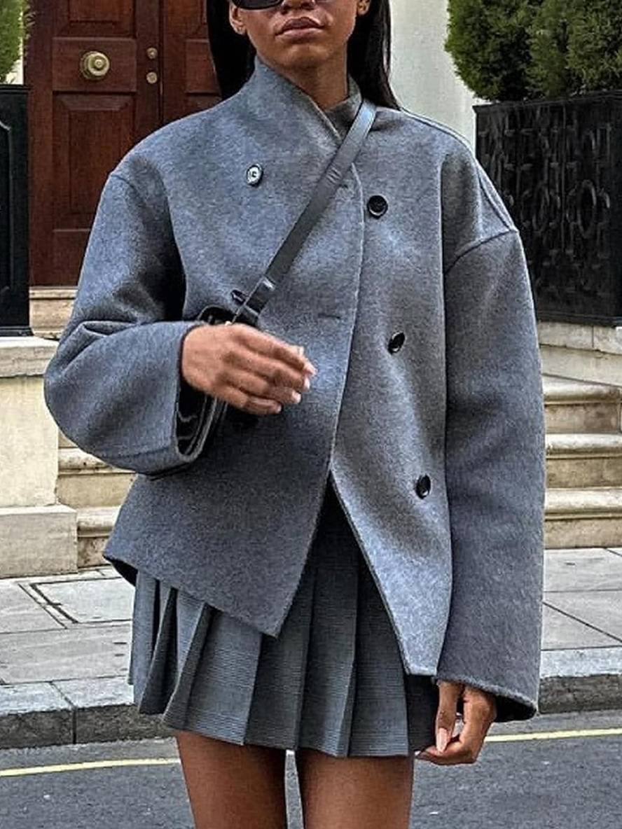 Aurohaya Women’s Wool Blend Peacoat Double Breasted Round Neck Short Coat Elegant Casual Autumn Winter Jacket