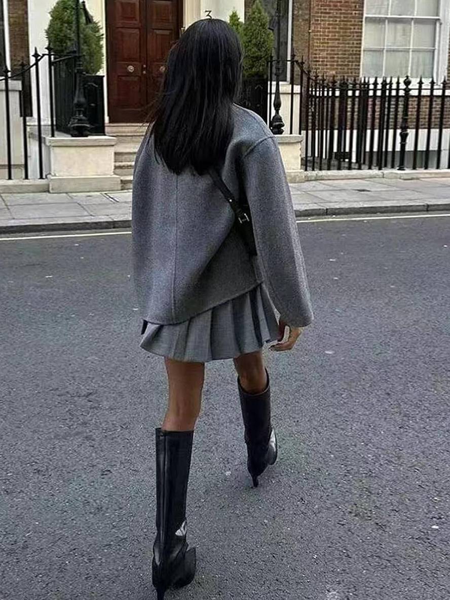 Aurohaya Women’s Wool Blend Peacoat Double Breasted Round Neck Short Coat Elegant Casual Autumn Winter Jacket