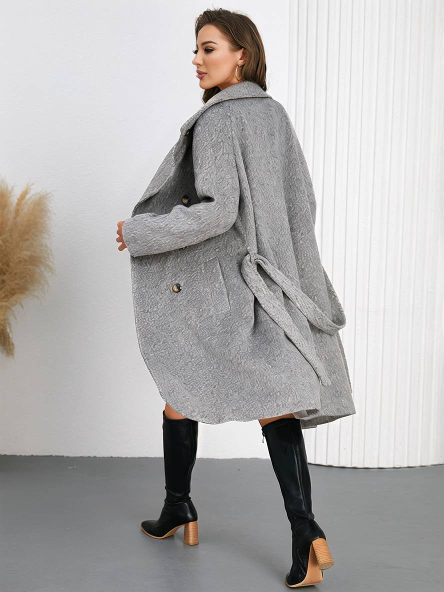Aurohaya Women’s Wool Blend Belted Long Coat Elegant High Neck Double Breasted Winter Jacket with Pockets