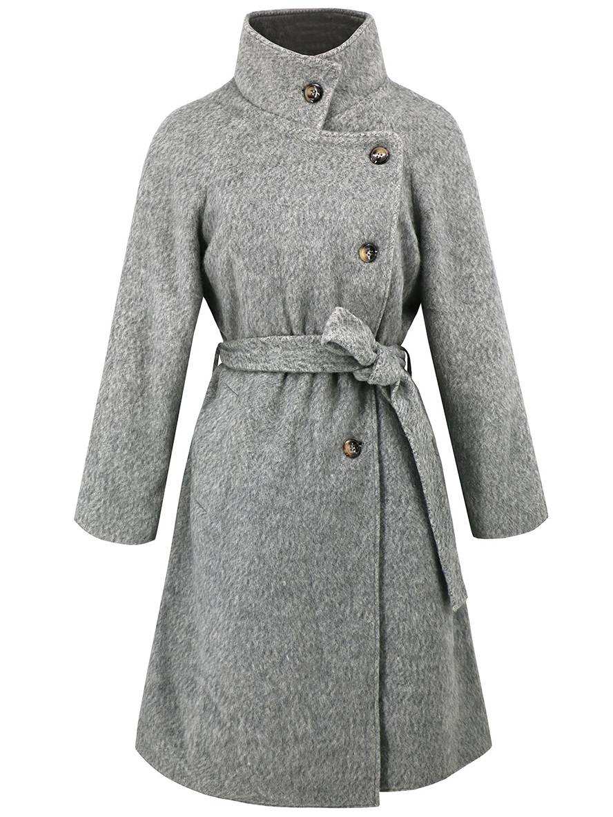 Aurohaya Women’s Wool Blend Belted Long Coat Elegant High Neck Double Breasted Winter Jacket with Pockets