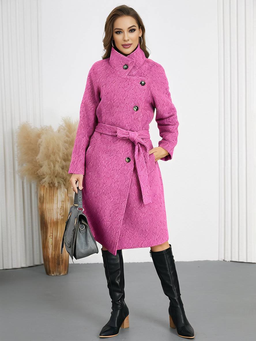 Aurohaya Women’s Wool Blend Belted Long Coat Elegant High Neck Double Breasted Winter Jacket with Pockets