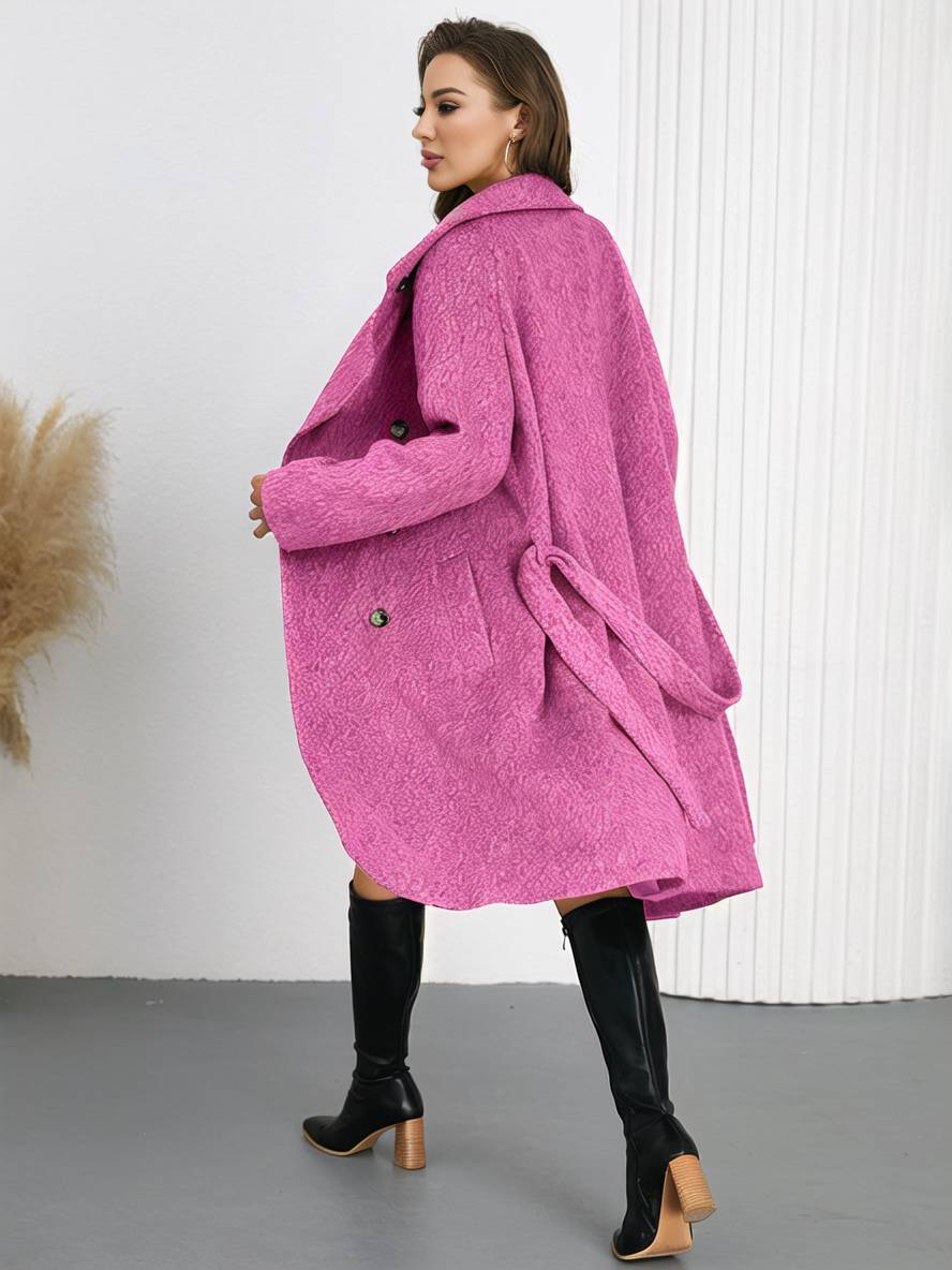 Aurohaya Women’s Wool Blend Belted Long Coat Elegant High Neck Double Breasted Winter Jacket with Pockets