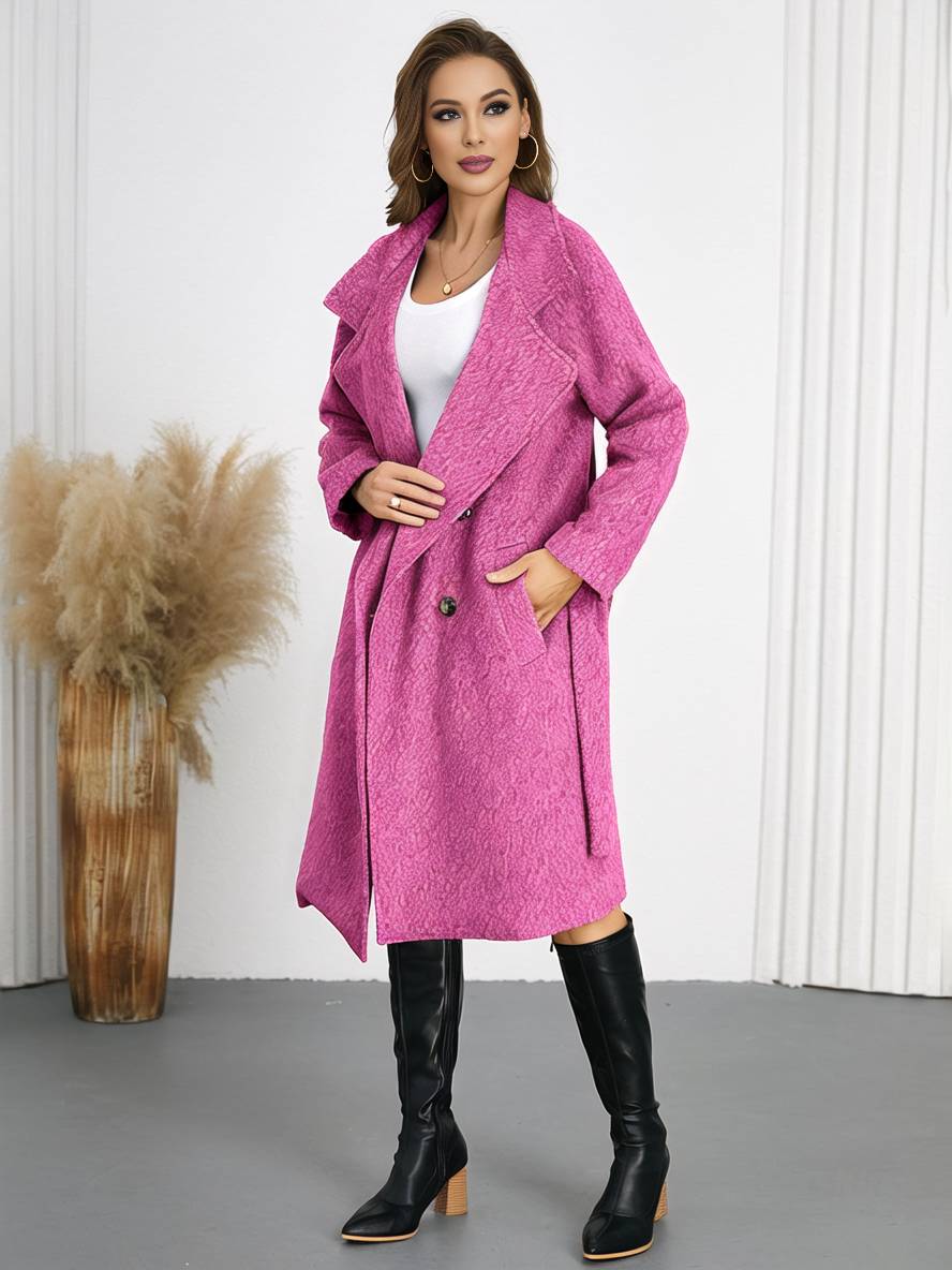 Aurohaya Women’s Wool Blend Belted Long Coat Elegant High Neck Double Breasted Winter Jacket with Pockets