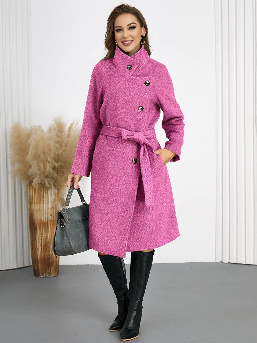 Aurohaya Women’s Wool Blend Belted Long Coat Elegant High Neck Double Breasted Winter Jacket with Pockets