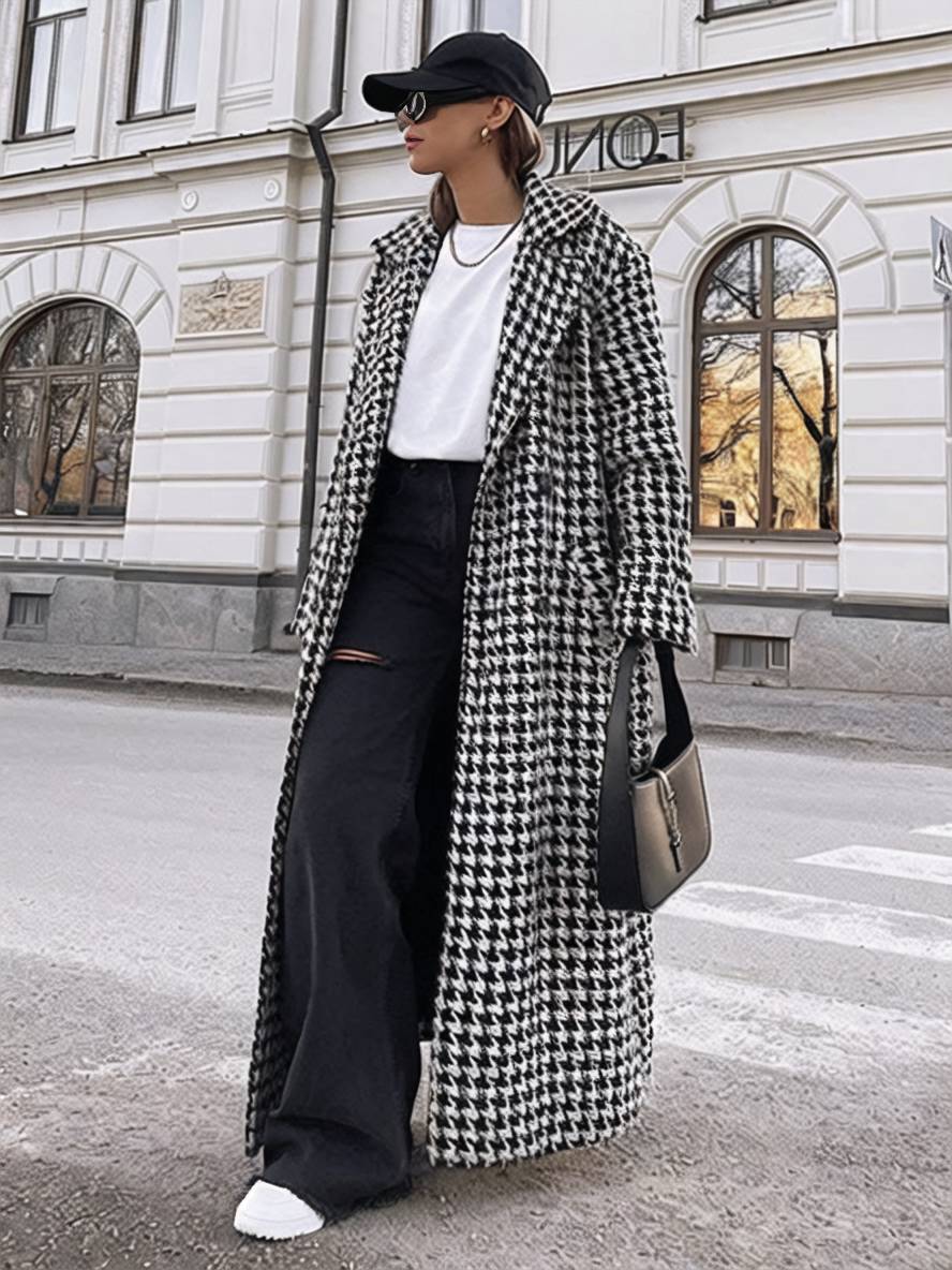 Aurohaya Plaid Wool Coat Long Double Breasted Belted Houndstooth Overcoat Women Elegant Casual