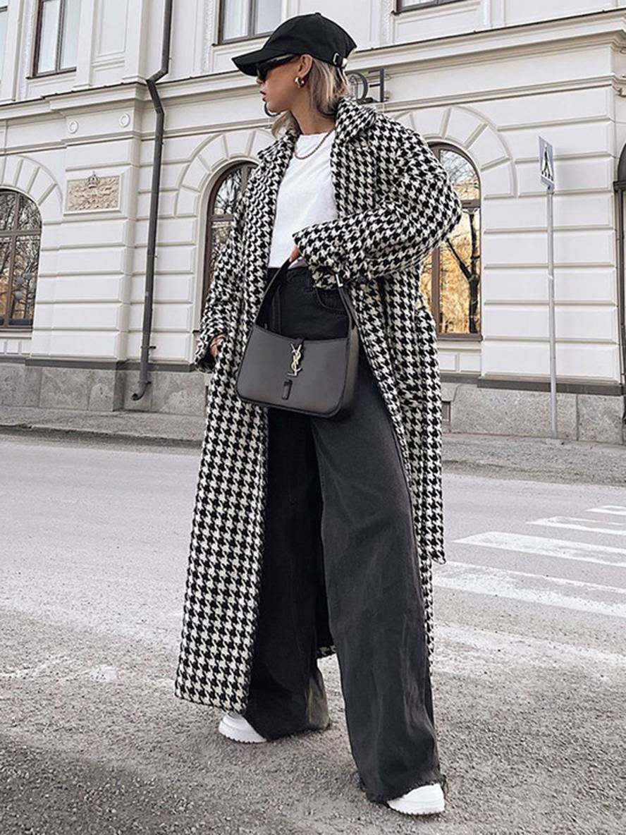 Aurohaya Plaid Wool Coat Long Double Breasted Belted Houndstooth Overcoat Women Elegant Casual