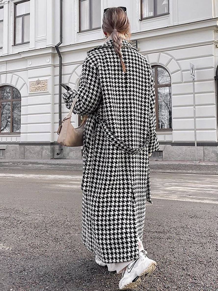 Aurohaya Plaid Wool Coat Long Double Breasted Belted Houndstooth Overcoat Women Elegant Casual