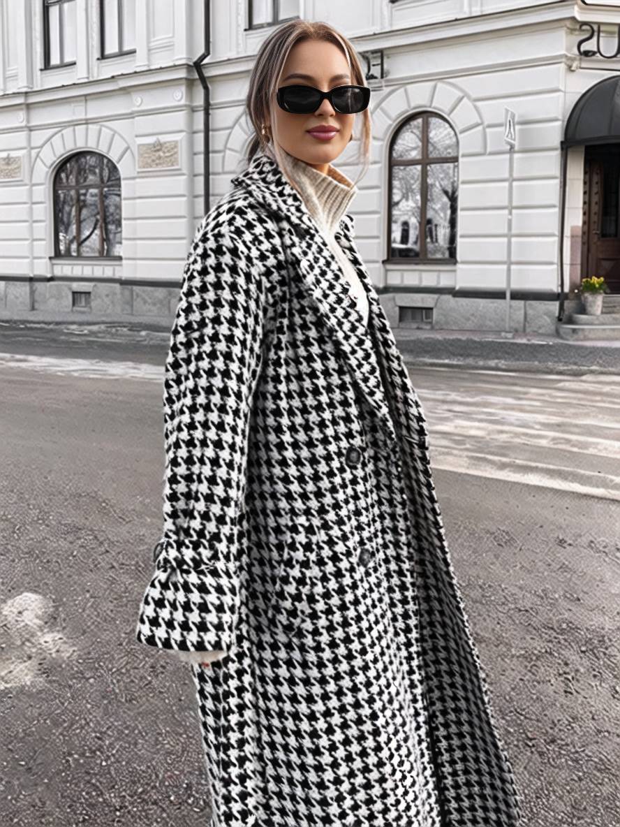 Aurohaya Plaid Wool Coat Long Double Breasted Belted Houndstooth Overcoat Women Elegant Casual
