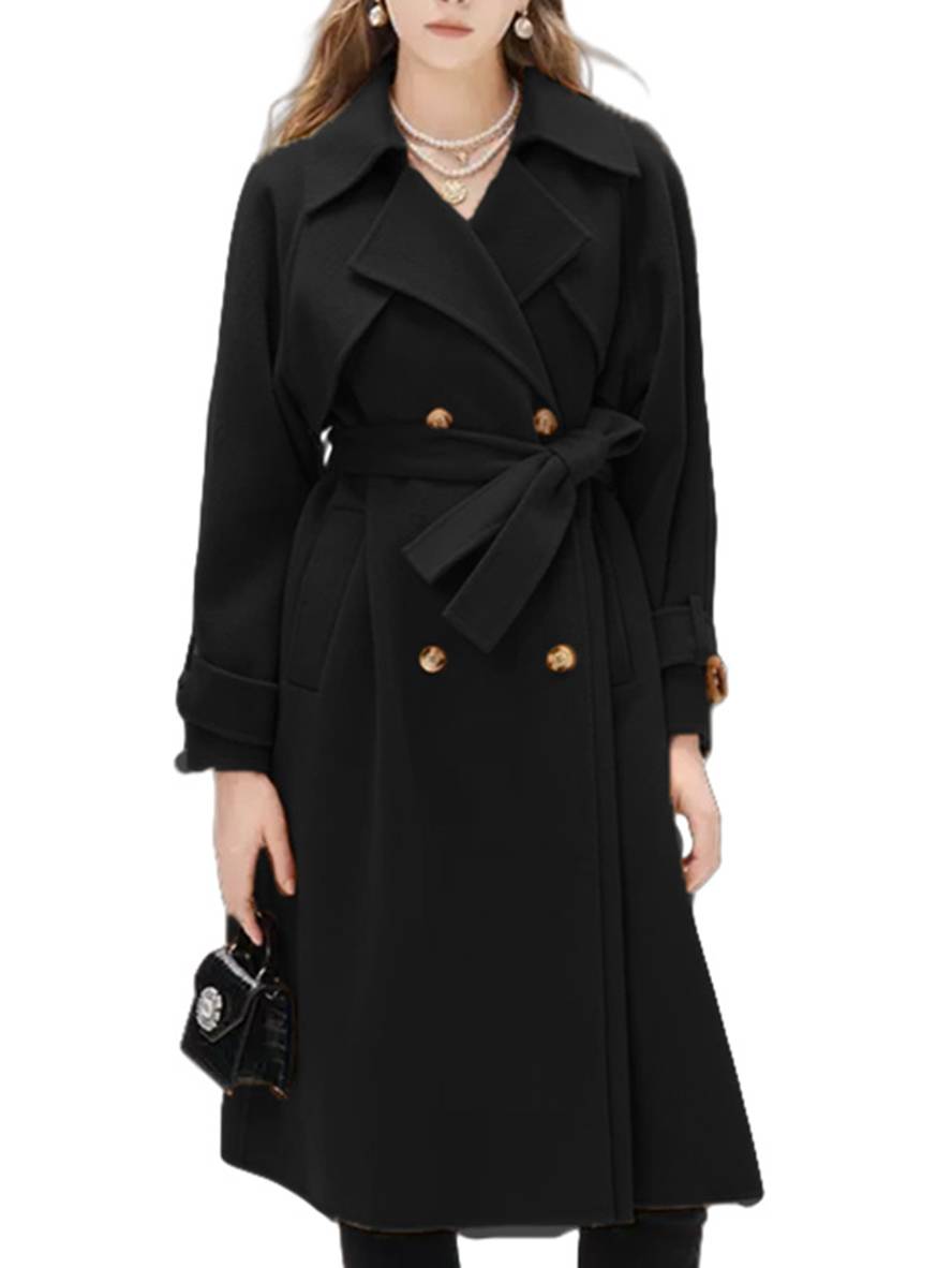 Aurohaya Elegant Double Breasted Wool Coat with Belt, Pockets Long Sleeves for Women Oversized, Casual, Fashionable Winter Outerwear