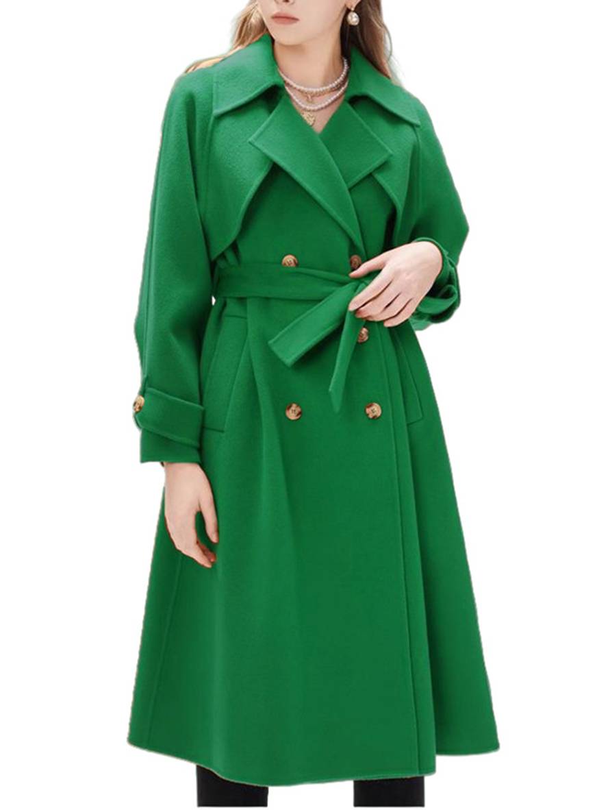 Aurohaya Elegant Double Breasted Wool Coat with Belt, Pockets Long Sleeves for Women Oversized, Casual, Fashionable Winter Outerwear