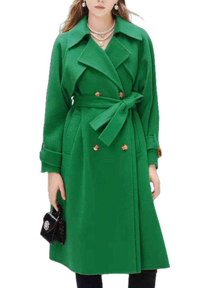 Aurohaya Elegant Double Breasted Wool Coat with Belt, Pockets Long Sleeves for Women Oversized, Casual, Fashionable Winter Outerwear