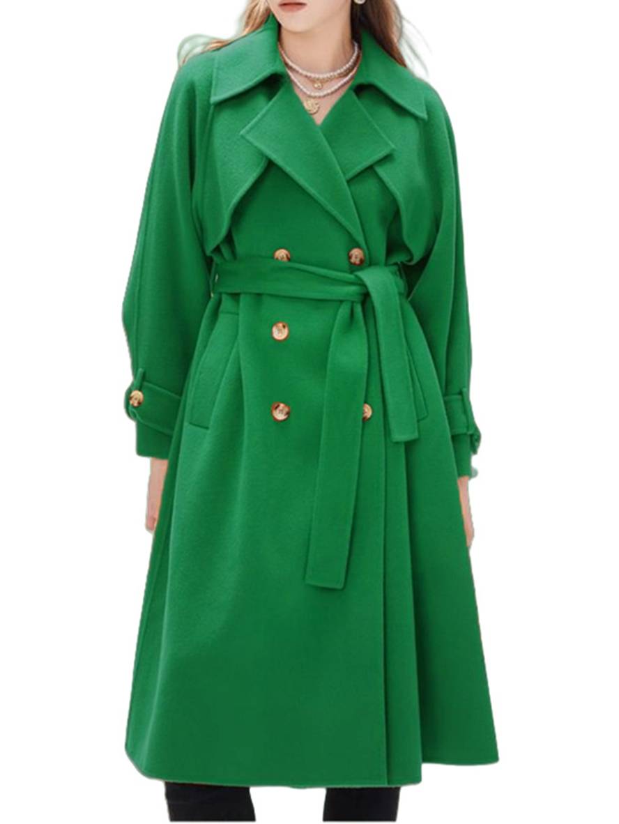 Aurohaya Elegant Double Breasted Wool Coat with Belt, Pockets Long Sleeves for Women Oversized, Casual, Fashionable Winter Outerwear