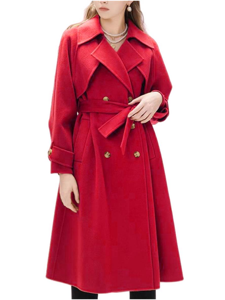 Aurohaya Elegant Double Breasted Wool Coat with Belt, Pockets Long Sleeves for Women Oversized, Casual, Fashionable Winter Outerwear