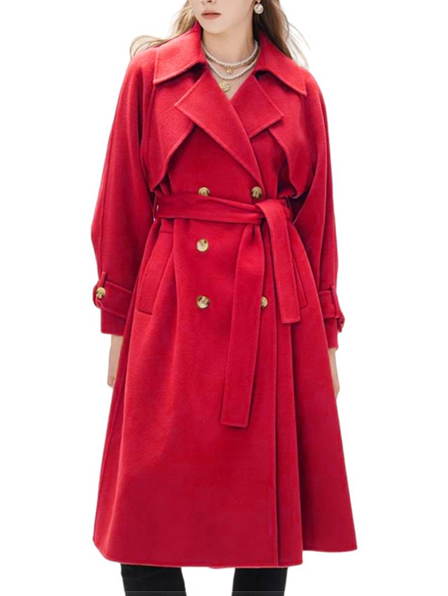 Aurohaya Elegant Double Breasted Wool Coat with Belt, Pockets Long Sleeves for Women Oversized, Casual, Fashionable Winter Outerwear