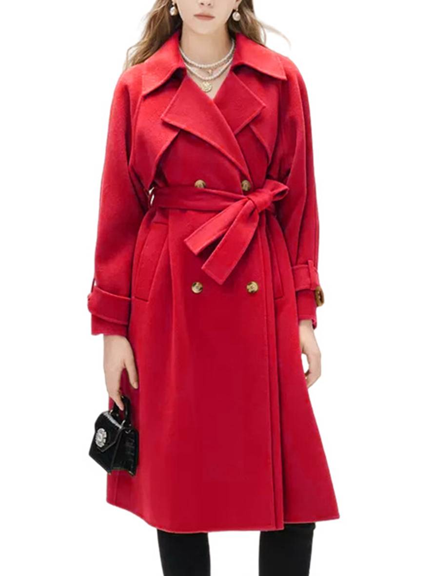 Aurohaya Elegant Double Breasted Wool Coat with Belt, Pockets Long Sleeves for Women Oversized, Casual, Fashionable Winter Outerwear