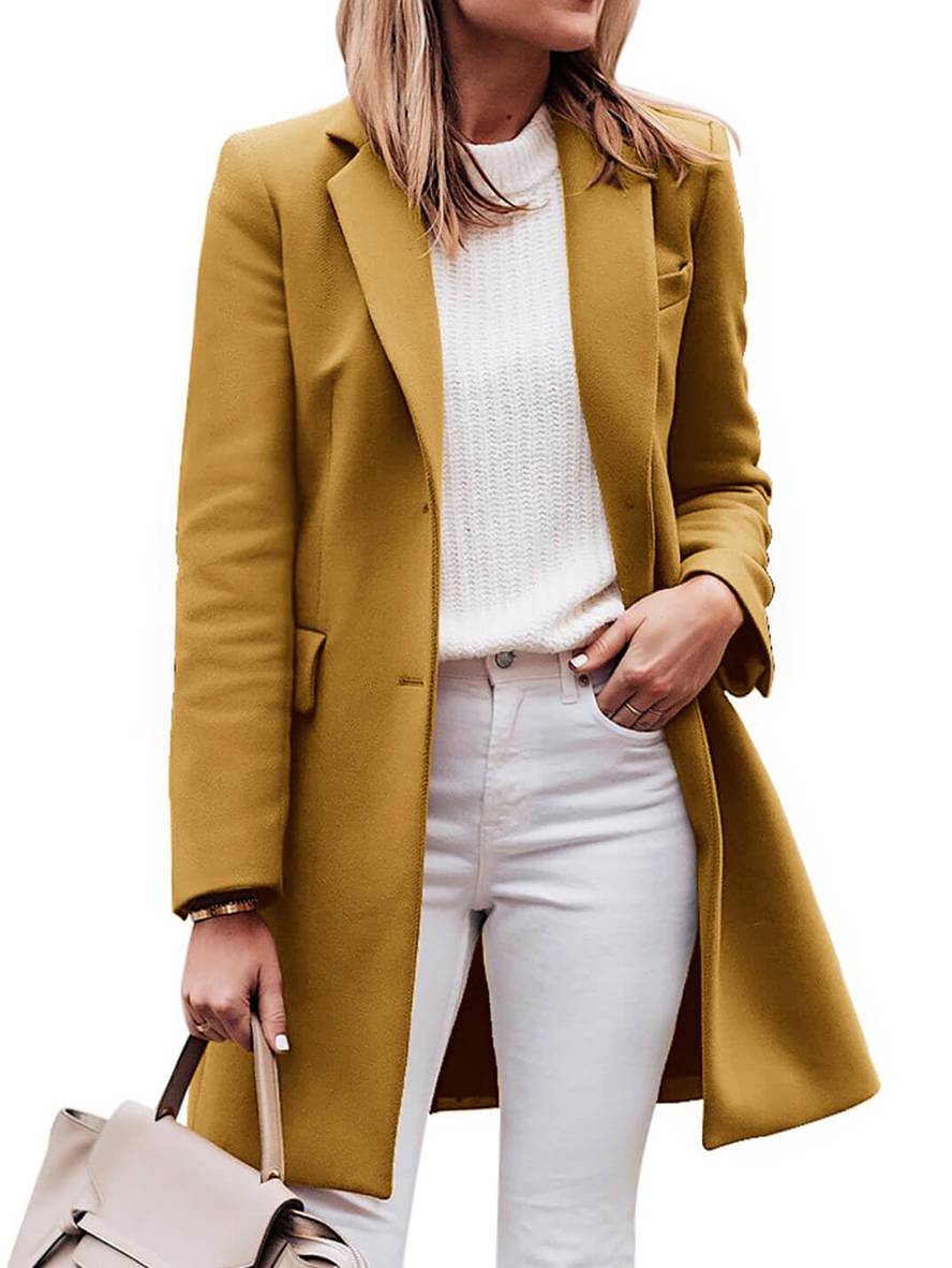 Aurohaya Elegant Wool Coat with Single Breasted Button Closure, Long Sleeves Pockets for Women Classic Black, Casual Fashionable Outerwear