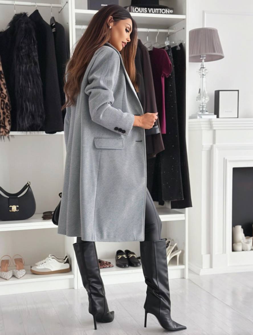 Aurohaya Women's Mid-Length Solid Buttoned Coat with Lapel Collar Pockets