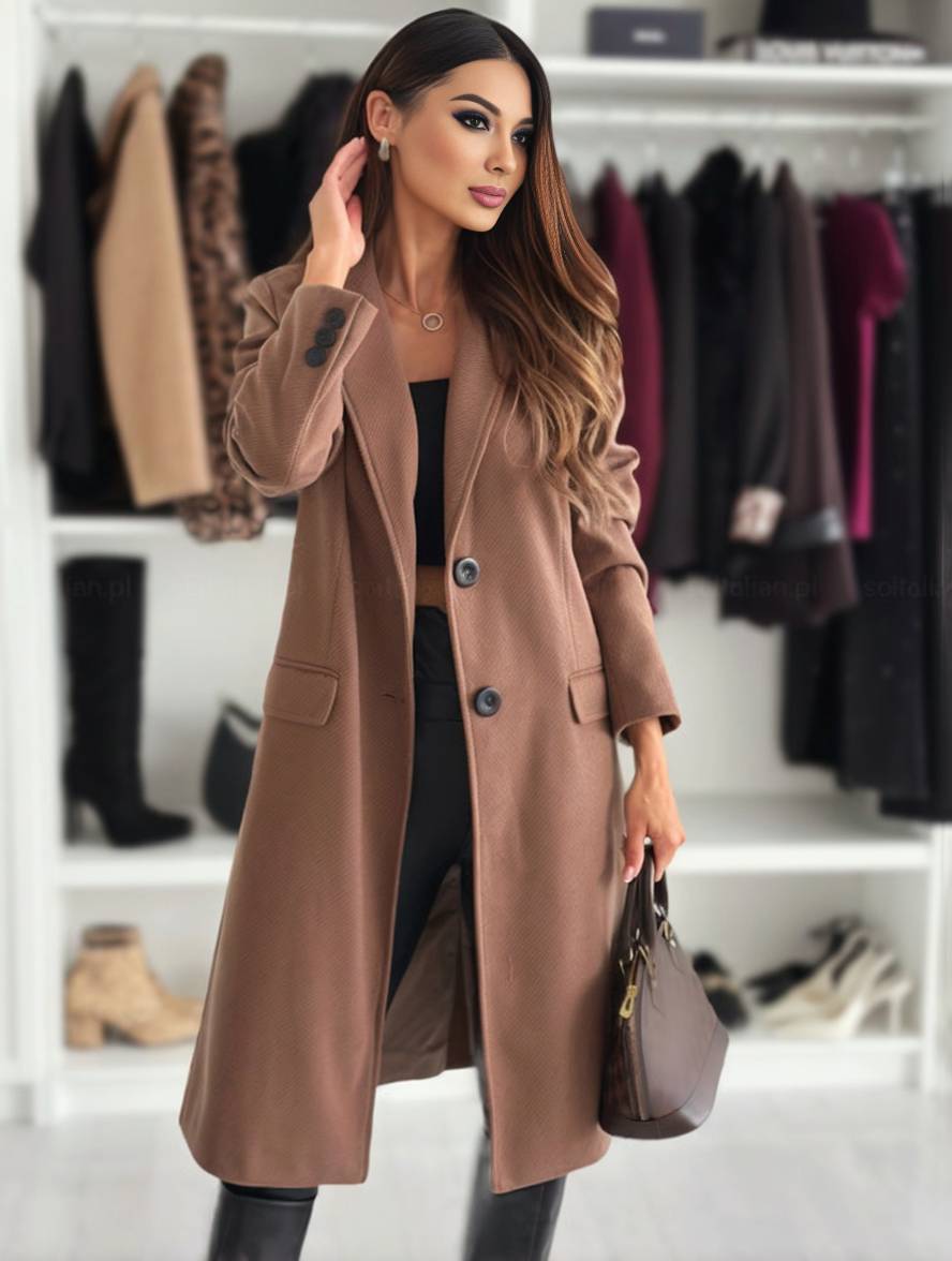 Aurohaya Women's Mid-Length Solid Buttoned Coat with Lapel Collar Pockets