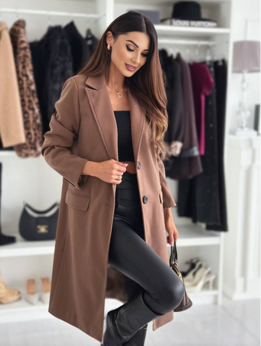 Aurohaya Women's Mid-Length Solid Buttoned Coat with Lapel Collar Pockets