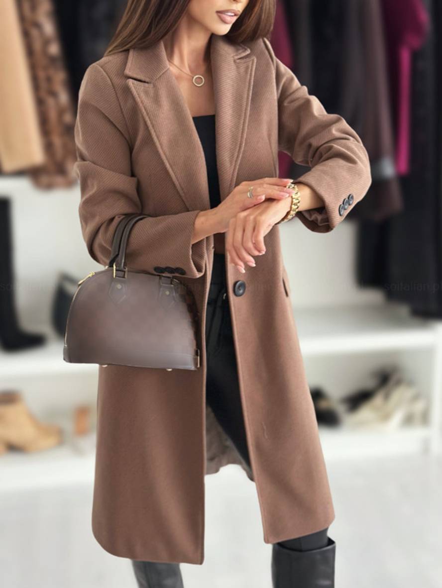 Aurohaya Women's Mid-Length Solid Buttoned Coat with Lapel Collar Pockets