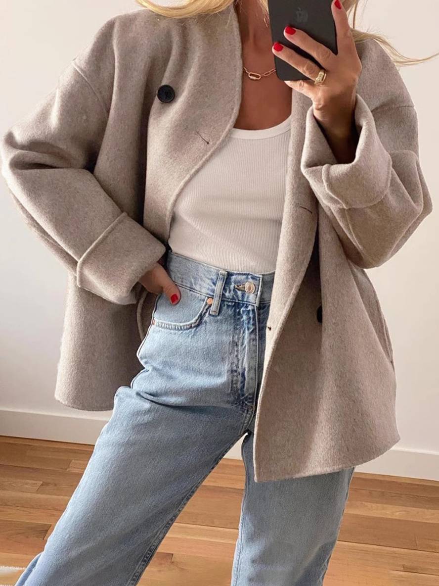 Aurohaya Elegant Women's Double Breasted Wool Blazer Coat, Oversized Casual Jacket with Pockets Lapel Collar