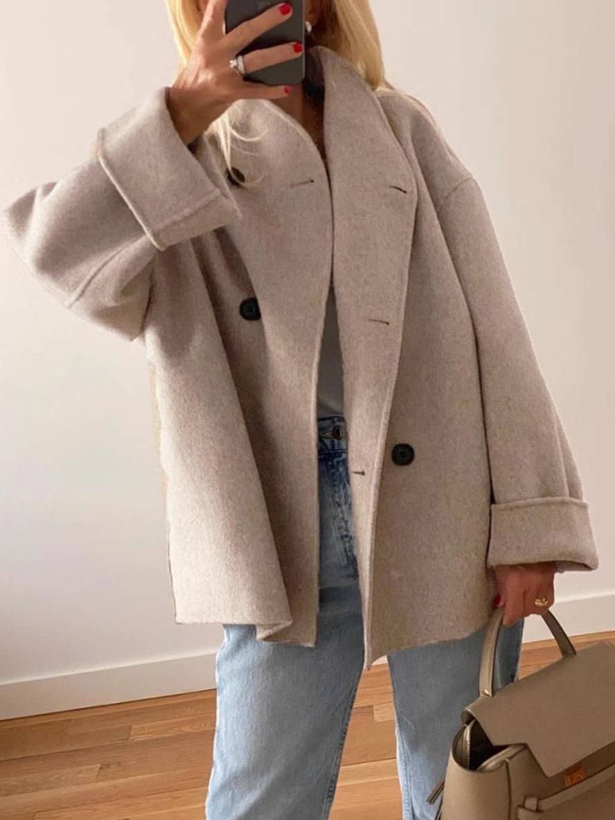 Aurohaya Elegant Women's Double Breasted Wool Blazer Coat, Oversized Casual Jacket with Pockets Lapel Collar