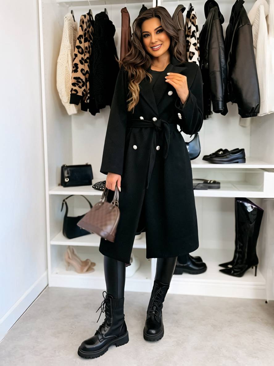 Women's Long Double-Breasted Belted Wool-Look Coat Black Polyester Winter Coat