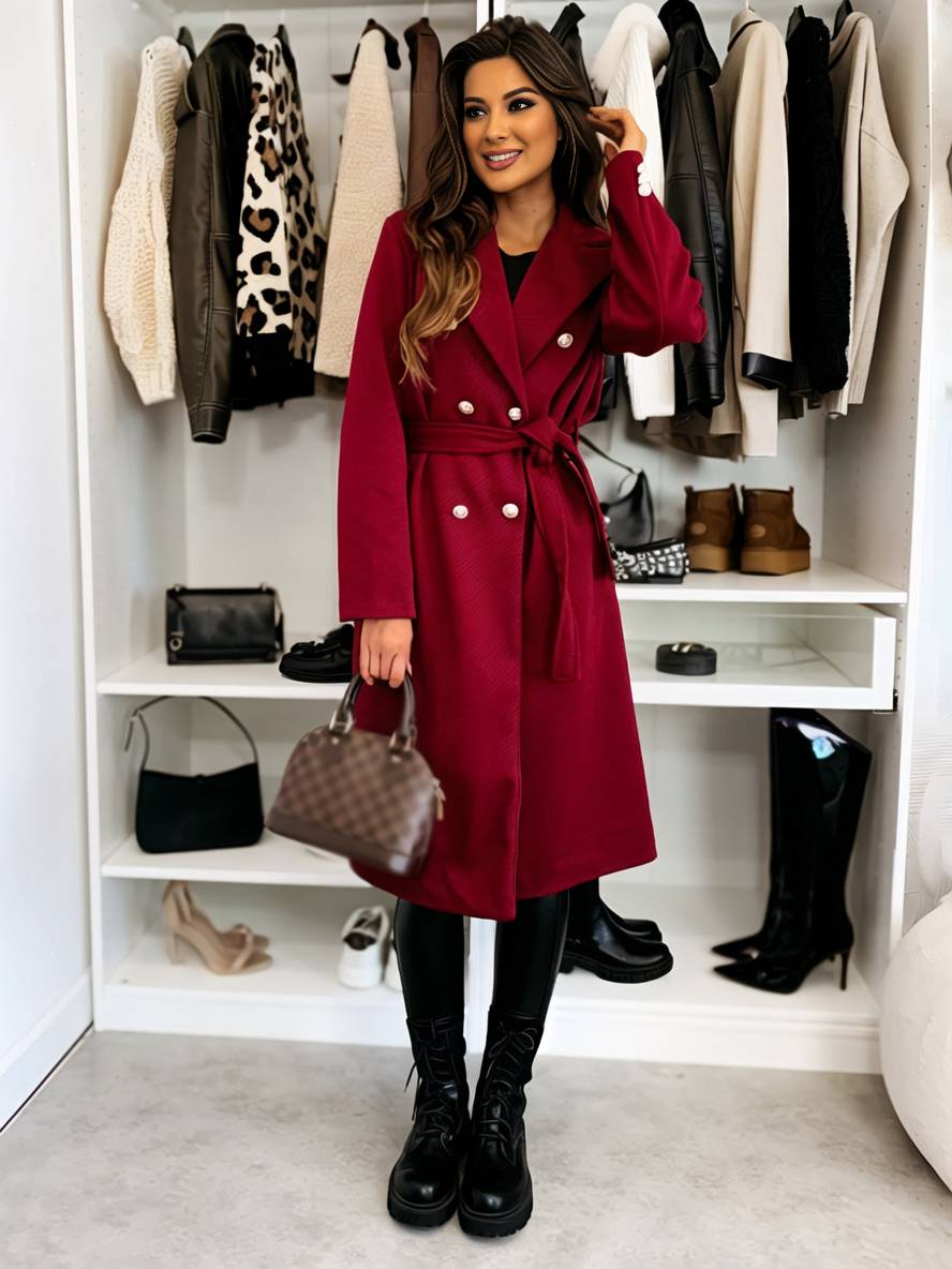 Women's Long Double-Breasted Belted Wool-Look Coat Black Polyester Winter Coat