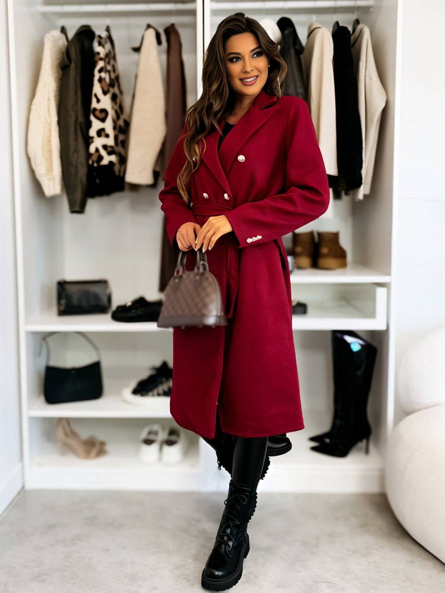 Women's Long Double-Breasted Belted Wool-Look Coat Black Polyester Winter Coat