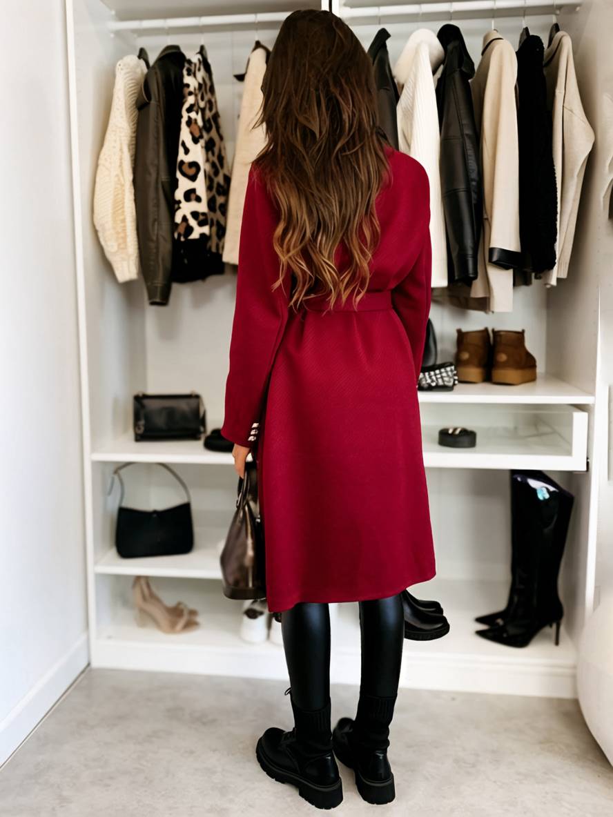 Women's Long Double-Breasted Belted Wool-Look Coat Black Polyester Winter Coat