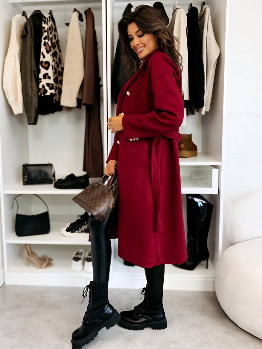 Women's Long Double-Breasted Belted Wool-Look Coat Black Polyester Winter Coat