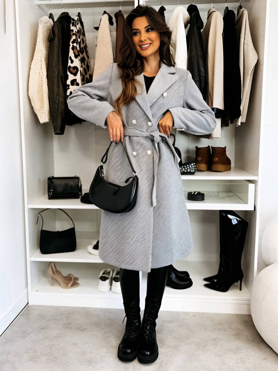Women's Long Double-Breasted Belted Wool-Look Coat Black Polyester Winter Coat