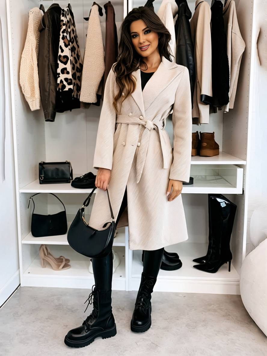 Women's Long Double-Breasted Belted Wool-Look Coat Black Polyester Winter Coat