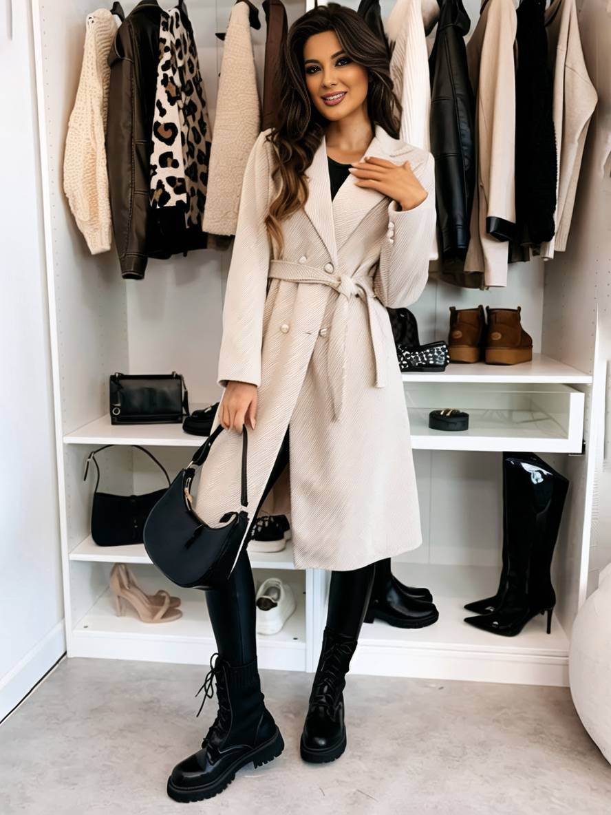 Women's Long Double-Breasted Belted Wool-Look Coat Black Polyester Winter Coat