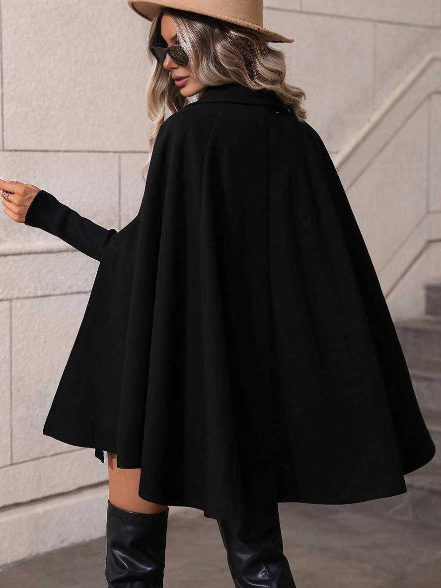 Aurohaya Women's Double Breasted Poncho Coat Batwing Sleeve Wool Blend Short Cape Jacket with Lapel Collar