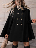 Aurohaya Women's Double Breasted Poncho Coat Batwing Sleeve Wool Blend Short Cape Jacket with Lapel Collar