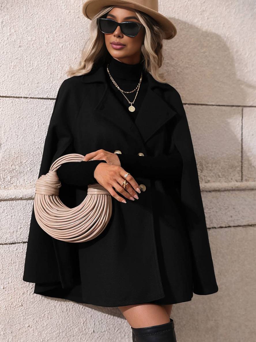 Aurohaya Women's Double Breasted Poncho Coat Batwing Sleeve Wool Blend Short Cape Jacket with Lapel Collar