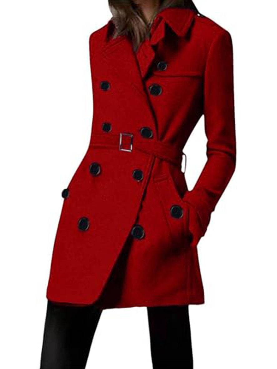 Aurohaya Women's Wool Blend Double Breasted Belted Coat Elegant Mid-Length Lapel Winter Jacket