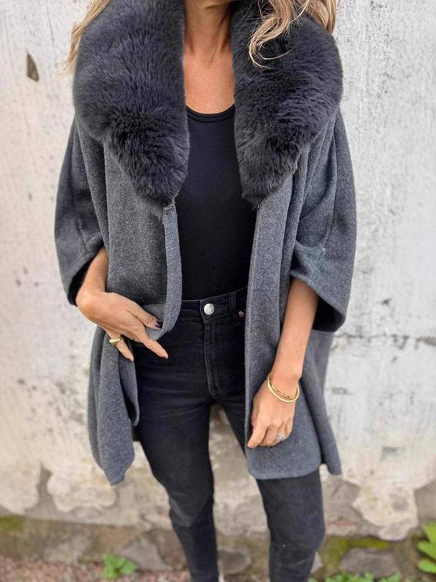 Aurohaya Women's Mid Length Faux Fur Collar Poncho Coat Long Sleeves Elegant Casual Oversized Solid