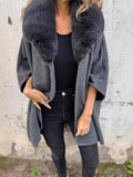 Aurohaya Women's Mid Length Faux Fur Collar Poncho Coat Long Sleeves Elegant Casual Oversized Solid